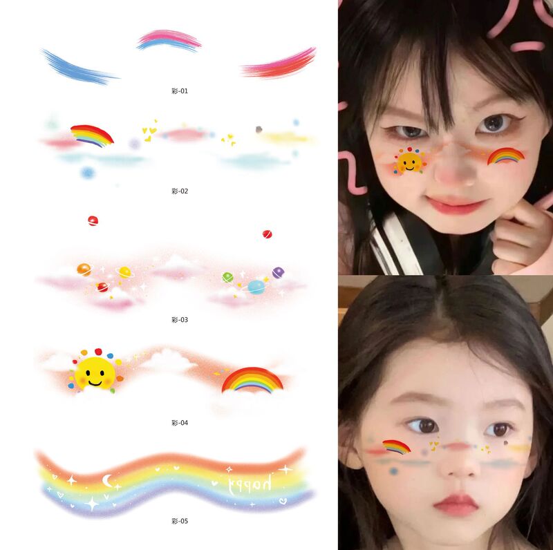 Rainbow Colorful Face Stickers Water Transfer Strawberry Fruit Cartoon Cute Children's Day Event Performance Tattoo Stickers