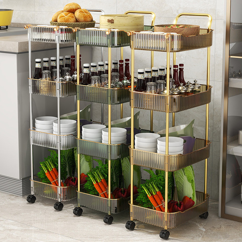 Transparent trolley storage rack, movable two to four-layer multi-purpose storage rack, living room and kitchen storage rack