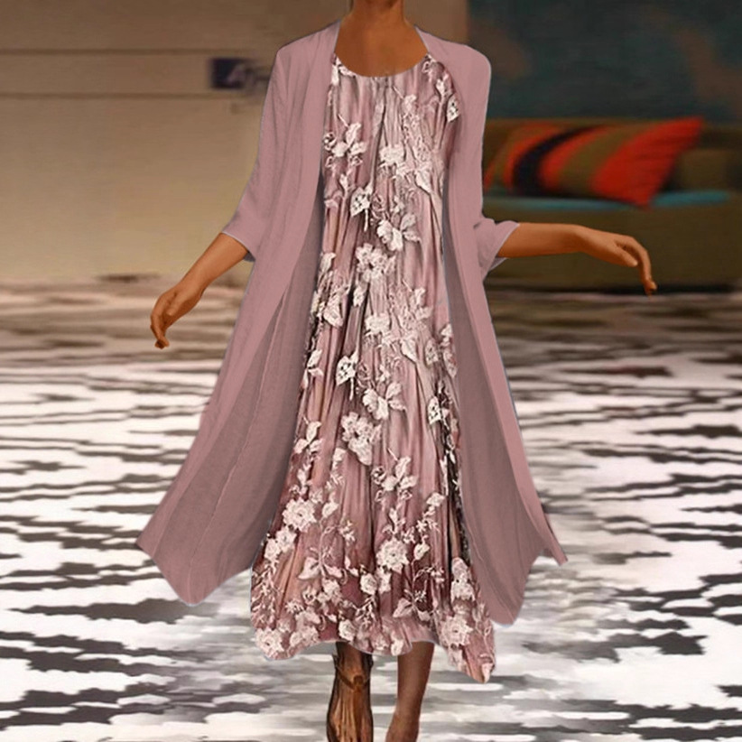 Amazon new cross-border 2021 popular long-sleeved printed cardigan dress chiffon loose waist temperament commuter women's clothing