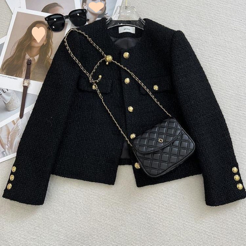 Spring Autumn New High-End Round Neck Little Black Dress Style Short Coat for Women Petite French Burlap Exquisite