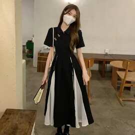 新中式设计感拼接连衣裙女夏收腰显瘦气质长裙黑色短袖改良旗袍裙