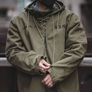 Tooling American Style Retro World War II Navy Deck Suit Short Windbreaker Bad Weather Jacket Sweatshirt Men's Splint Hooded