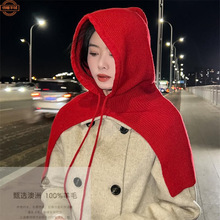 斗篷连帽披肩100纯羊毛秋冬帽子一体外搭套头护耳保暖针织围脖女