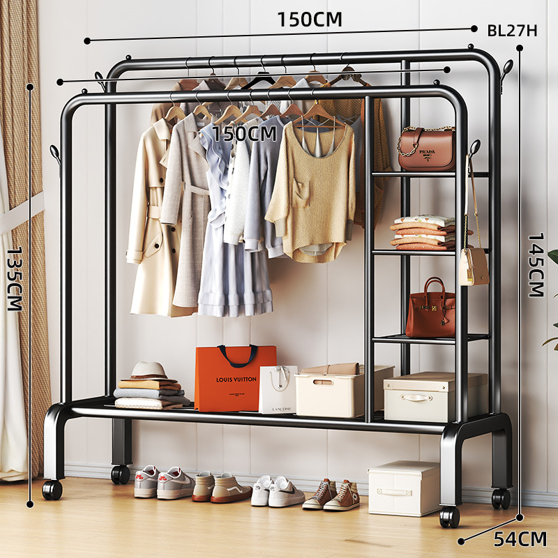 바퀴 달린 150cm 블랙 [양방향 행거 * 측면 수납망 + 단층 선반] 옷걸이 4개