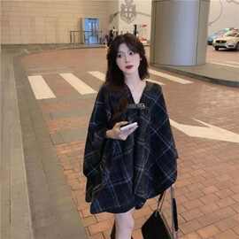 小香风黑色中长款格子毛呢外套女秋冬宽松百搭小个子斗篷披肩大衣