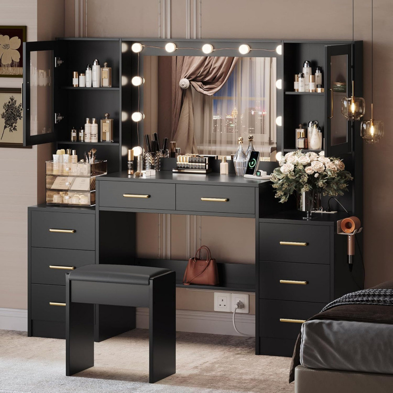 Ins Internet Celebrity Solid Wood Dressing Table Makeup Table with Drawer Led Vanity Mirror and Storage Compartment