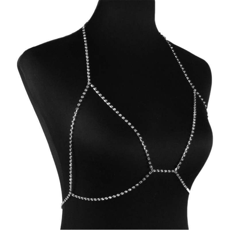 Accesorios transfronterizos, cadena de diamantes de playa, cadena de pecho, cadena de cuerpo con cuello halter de diamantes de imitación sexy súper flash, cadena de adornos de pecho de estilo europeo y americano