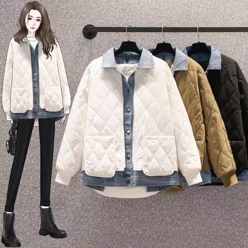 Design Women's Loose Fleece Jacket with Denim Patchwork and Herringbone Pattern, Stylish Outerwear for 2025 Autumn/Winter, Plus Size