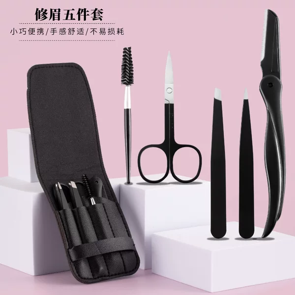 Cross-border in stock black eyebrow trimming 5-piece eyebrow trimming scissors eyebrow pulling clip eyelash brush eyebrow shaving knife tool suit