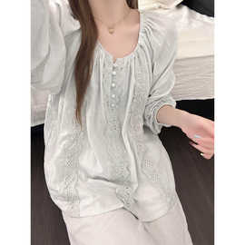 韩系甜美纯棉纱长袖睡衣女2026春夏季大码宽松长袖长裤家居服套装