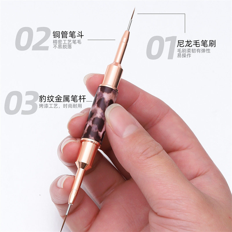 Cruz-frontera especial estampado de leopardo varilla de uñas de doble cabeza dibujo pluma aguja pintura de uñas pluma gancho pluma ventas directas de la fábrica