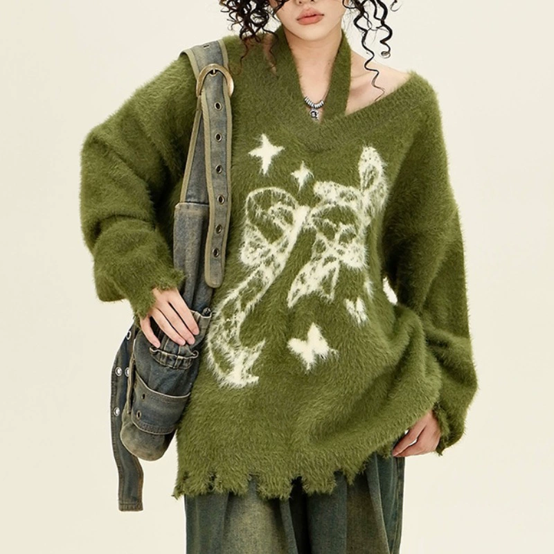 Oversized Velvet Knitted Sweater, Artificial Fur, American Style, Demi-Season, One Size