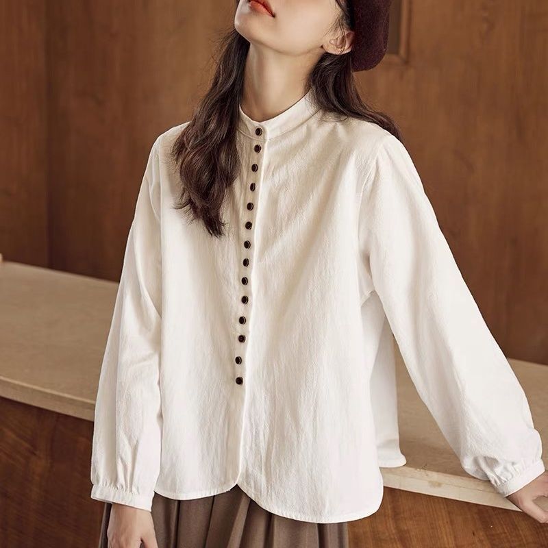 College Style Retro Petite Women's Long-Sleeve Shirt, New Spring Design with a Unique Loose Fit and Solid Color Cardigan Top