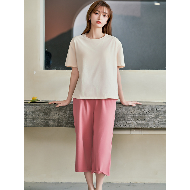 156 라이트 살구색 + 고무 파우더 “반소매 + 크롭 팬츠]