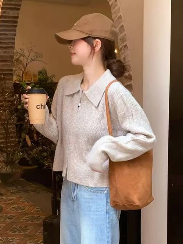 法式复古拉链翻领毛衣外套女秋季穿搭奶呼呼软糯宽松针织开衫上衣|undefined