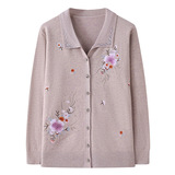 中老年女裝寬松上衣翻領(lǐng)薄毛衣媽媽春裝新款洋氣繡花針織開衫外套，女裝針織衫/毛衣，妃慕昵服飾