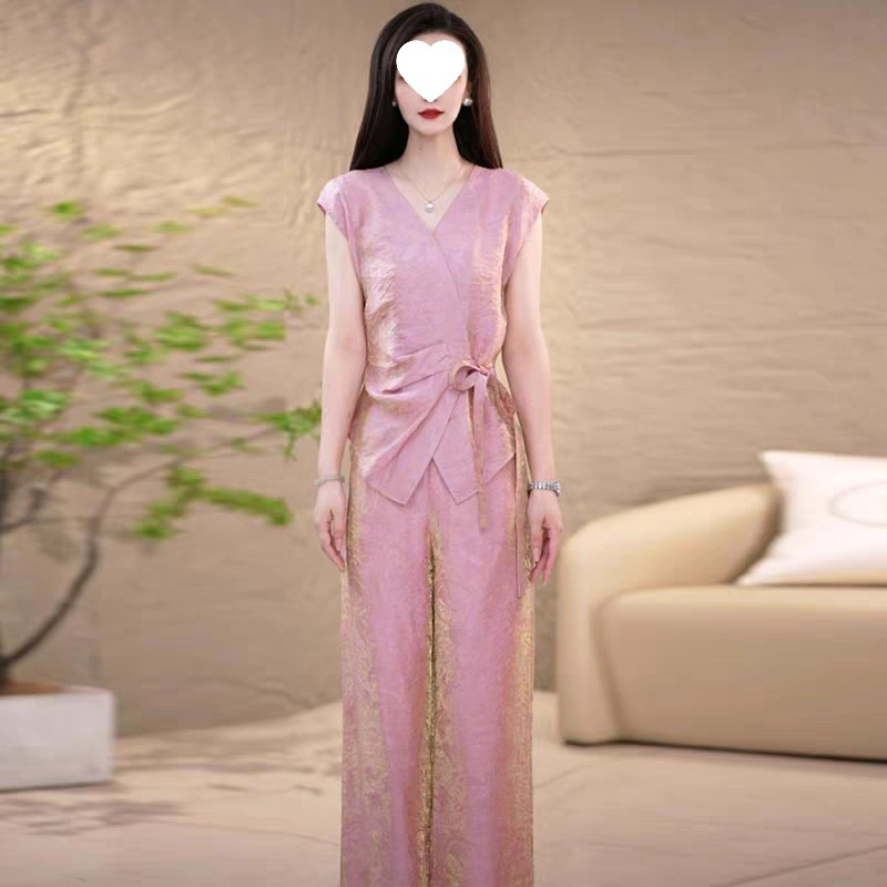 感时尚套装女夏季新款洋气显瘦V领短袖上衣阔腿裤休闲两件套|undefined