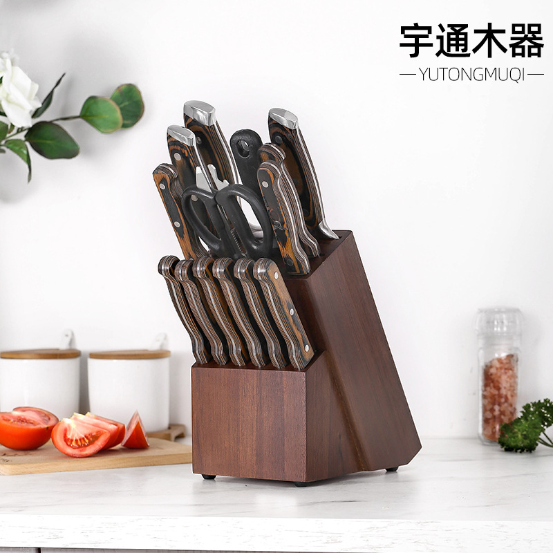 Cross-Border Manufacturer Spot 15-Piece Solid Wood Knife Holder Kitchen Knife Multi-Functional Storage Rack Knife Rack Kitchen Knife Holder