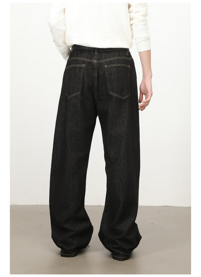 Quần jeans nam dáng rộng ống thẳng màu bò đen nguyên bản, túi thêu họa tiết, lưng giữa — Bò đen sống chi tiết 5