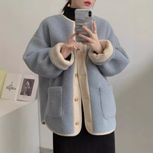 仿羊羔绒卫衣女冬季加厚女士欧美圆领2025新款开衫撞色长袖外套女