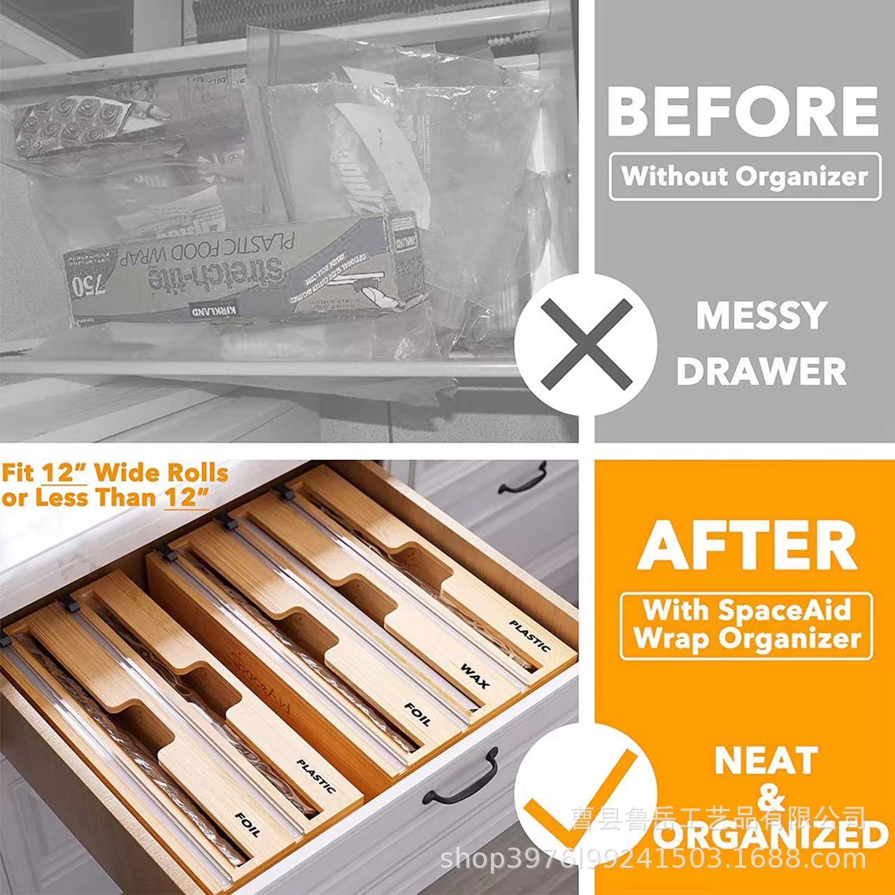 Envoltura de plástico de bambú caja de corte de papel de aluminio caja de almacenamiento de tres capas de dos capas cajón de la cocina del hogar organizador caja de bolsa de basura