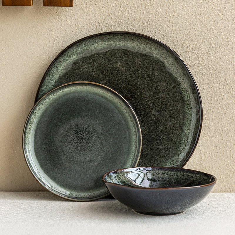 Vintage Kiln-Fired Ceramic Bowl and Plate Set, High-End Household Dinner Plates, Large Restaurant Plates, Wholesale Open-Mouth Bowls