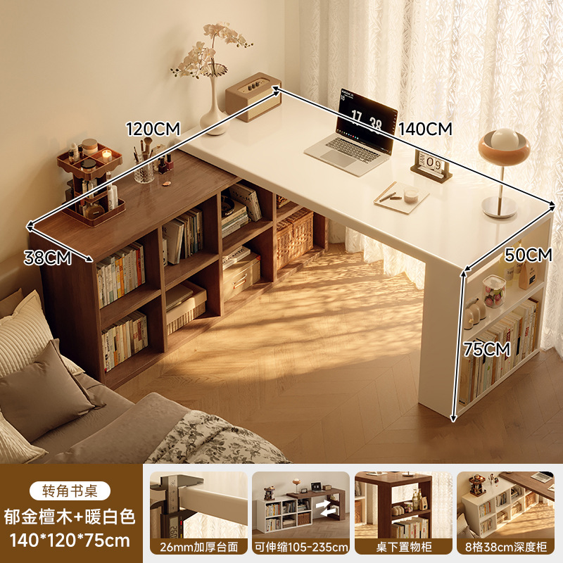 Escritorio de esquina de madera sólida, comedor de dos en uno, escritorio de estudio doméstico para adultos, estante, escritorio de computadora en forma de L medieval