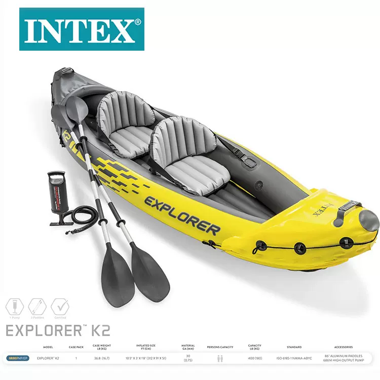 INTEX68307充气船橡皮艇漂流双人冲锋 漂流船皮划艇户外钓鱼船