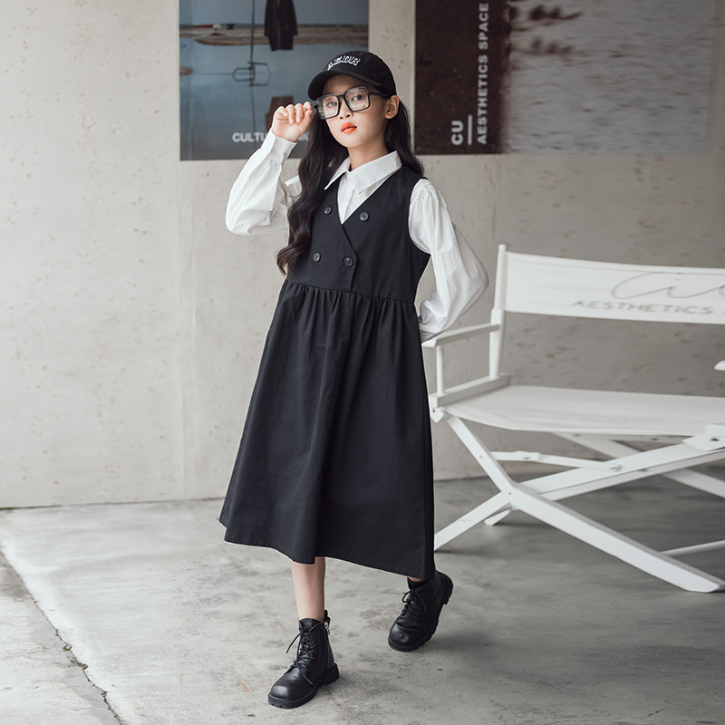 女童秋装套装2025新款韩国中大儿童洋气表演服背带裙两件套亲子装