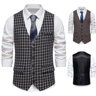 European Size 2025 New Single-Breasted V Neck Vest Men's Classic Plaid Color Matching Suit Retro Vest Men's Jacket