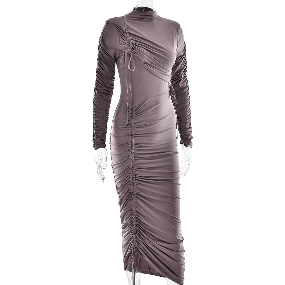 Women's New Sexy Long Sleeve Ruched Drawstring Tie‑Up Bodycon Maxi Dress_ecoleips.com