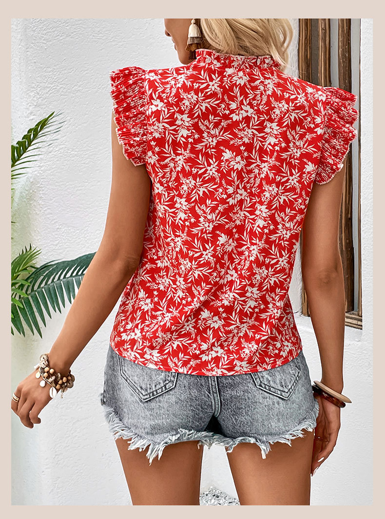 Red Printed Ruffled short-sleeved Lace-up Shirt_voghion.com