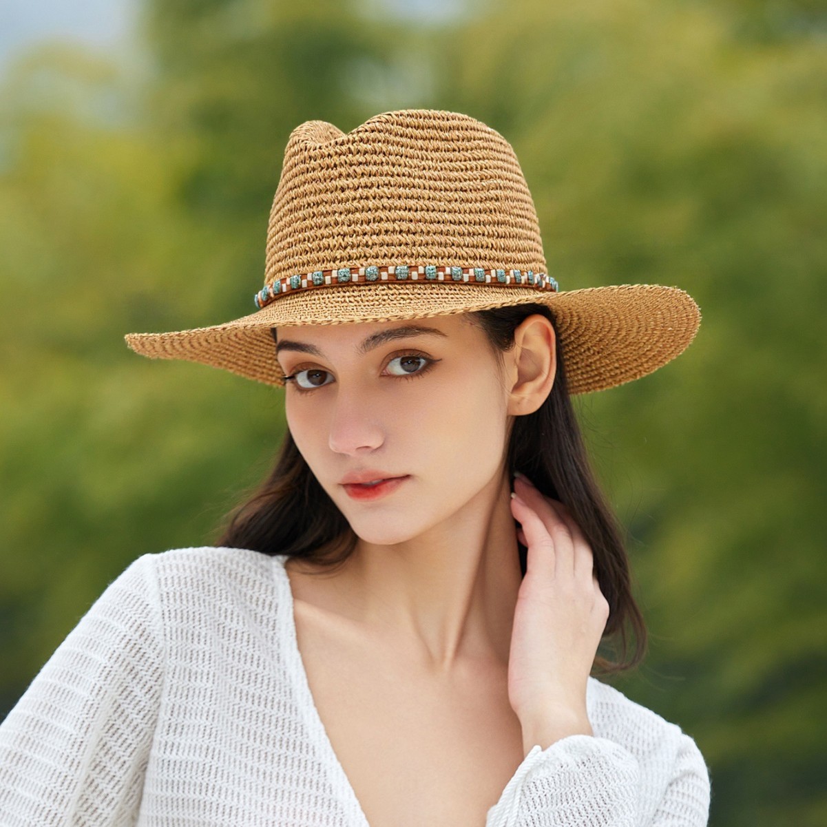 Dames cowboyhoed van stro met brede rand zomer zonbescherming_voghion.com