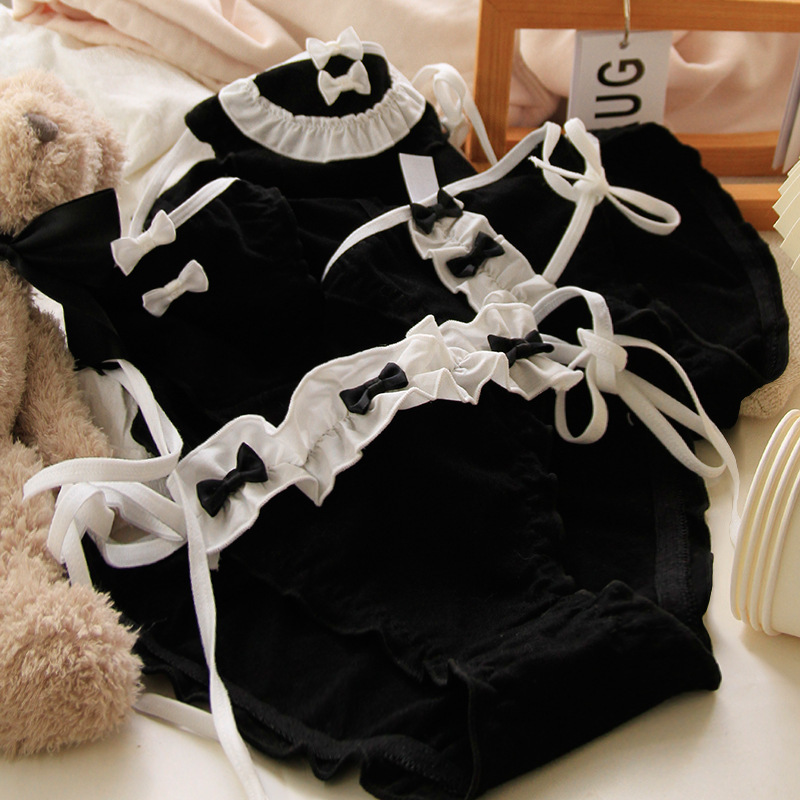 Two-dimensional Japanese underwear women's ruffled maid uniform anime peripheral underwear bow lace-up 300-F Black