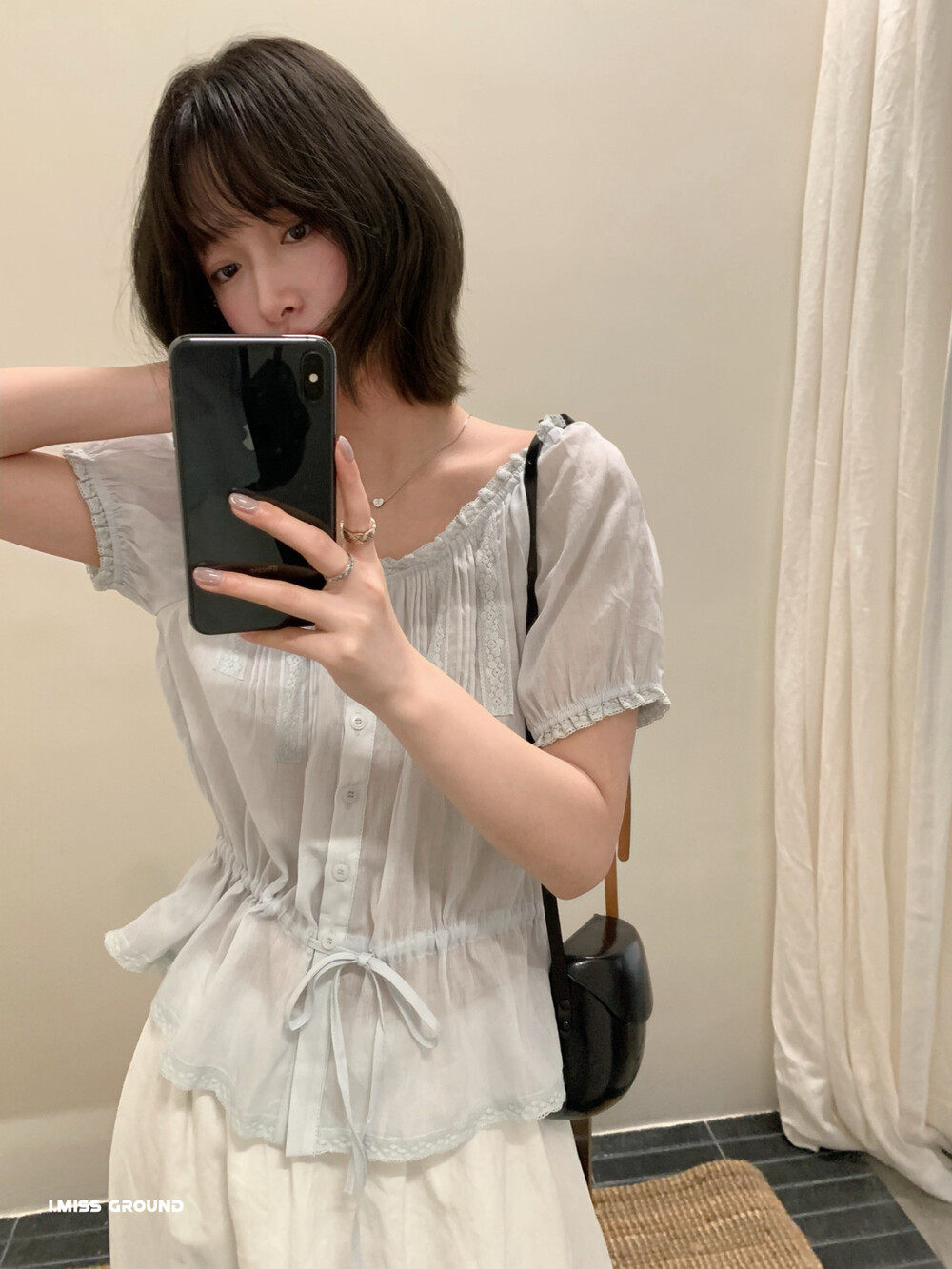 Áo sơ mi nữ tay bồng ren cotton linen thắt eo 2026 — Xanh nước biển, màu trắng, Bột cam chi tiết 14