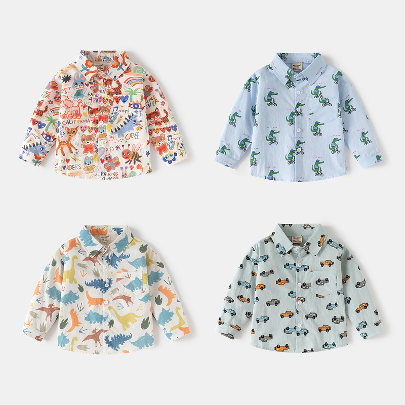 Boys' Cotton Shirts 2025 Spring and Autum New Kidsren's Cute Printed Shirts Korean Style Small and Medium-Sized Kidsren's Long-Sleeved Tops Trendy