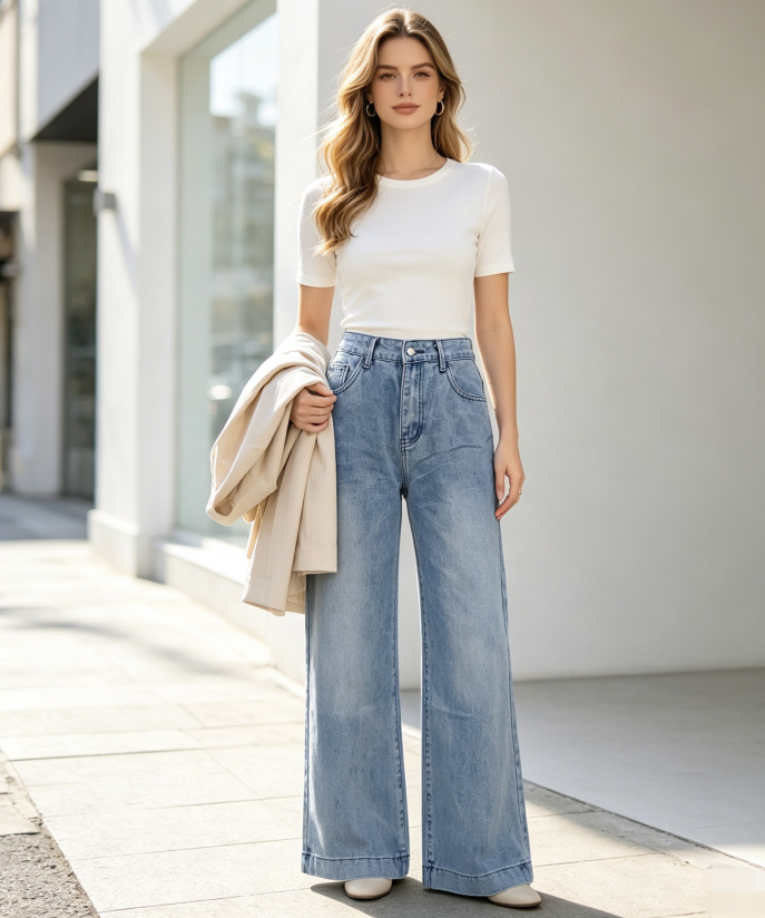 Jeans de Pierna Ancha para Mujer de Mezclilla de Algodón, Cintura Alta, Sin Elasticidad