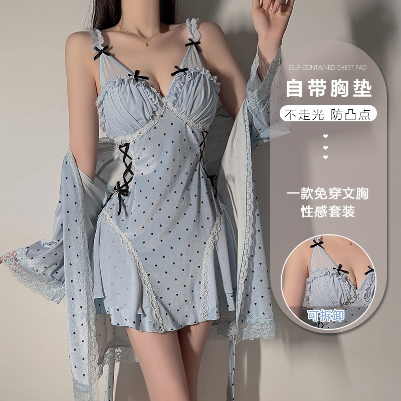 Velvet Lace Sweet Heart Print with Breast Pad and Strap Temptation Nightgown Outer Robe Home Suit X6728 Velvet Lace Sweet Heart Print with Breast Pad and Strap Temptation Nightgown Outer Robe Home Suit X6728