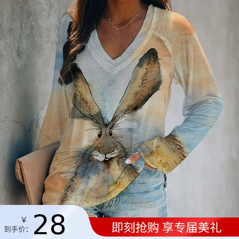 Внешняя торговля Трансграничные 2024 новые осенние новые женщины Amazon 3D кролик животных принт модная футболка с V-образным вырезом с длинным рукавом