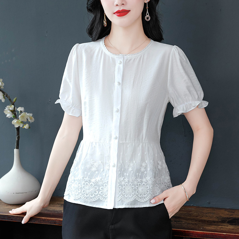 2026 Summer Round-Neck Embroidered Patchwork Fashion Versatile Shirt Korean Style Waist-Cinching Belly-Covering Silk Blouse Top for Women 2026 Summer Round-Neck Embroidered Patchwork Fashion Versatile Shirt Korean Style Waist-Cinching Belly-Covering Silk Blouse Top for Women