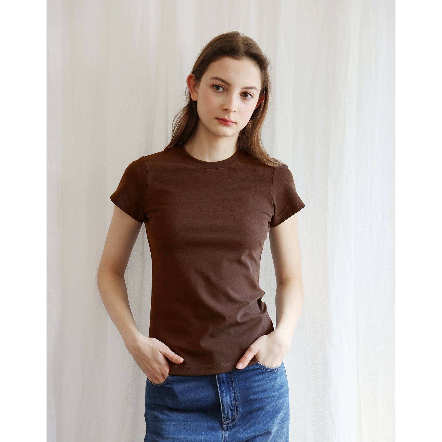 Dark coffee round neck short sleeves