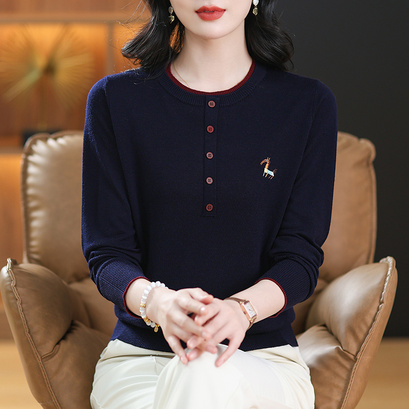 春秋中年时尚刺绣花宽松针织衫打底上衣洋气妈妈装秋季针织毛衣女|undefined