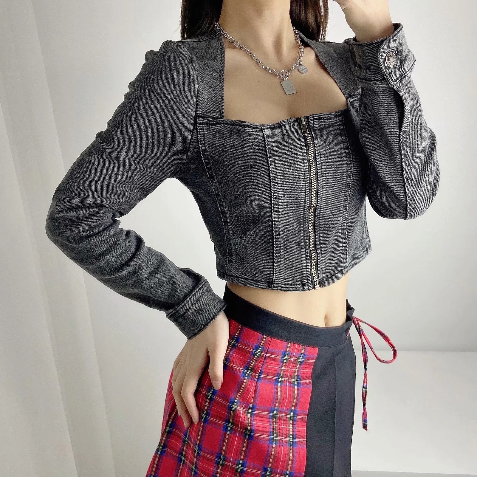 Front Zipper Square Neck Sexy Denim Top NSAC37226