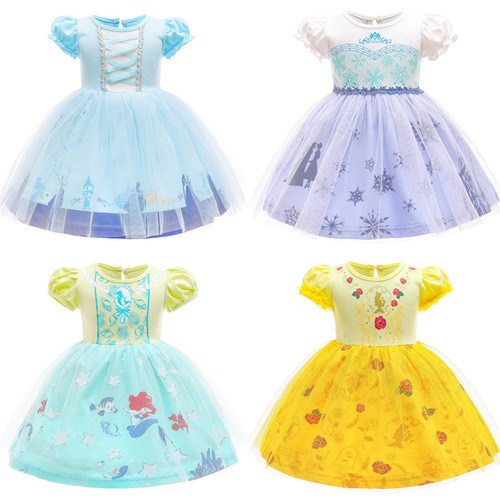  Xia Xin ins style Frozen Princess Dress Short Sleeve Mesh Dress Cute Girls Christmas Dress