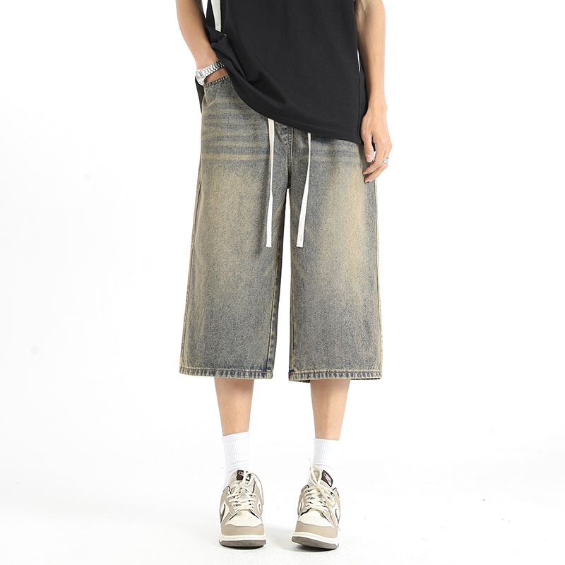 夏季薄款七分牛仔短裤男潮牌复古百搭宽松休闲直筒裤子