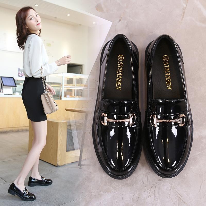 Genuine Leather Spring and Autumn Four Seasons Mute Work Gold Buckle Paint Gloss Face Round Head British Small Leather Shoes Women's Shoes Thick Low Heel Single-layer Shoes