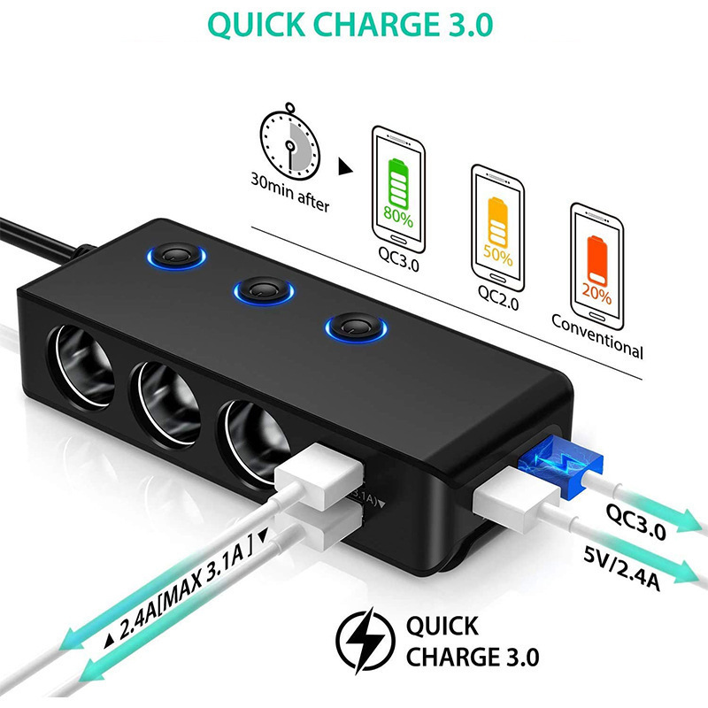 TR30車載シガレットライター1ドラッグ4usb独立スイッチQC3.0急速充電120w大電力電圧表示|undefined