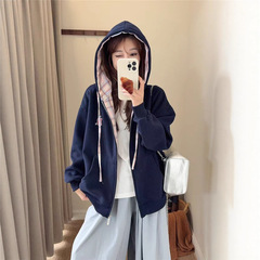 356LK 2025秋季韩版新款格子拼接款女士长袖连帽拉链运动宽松外套