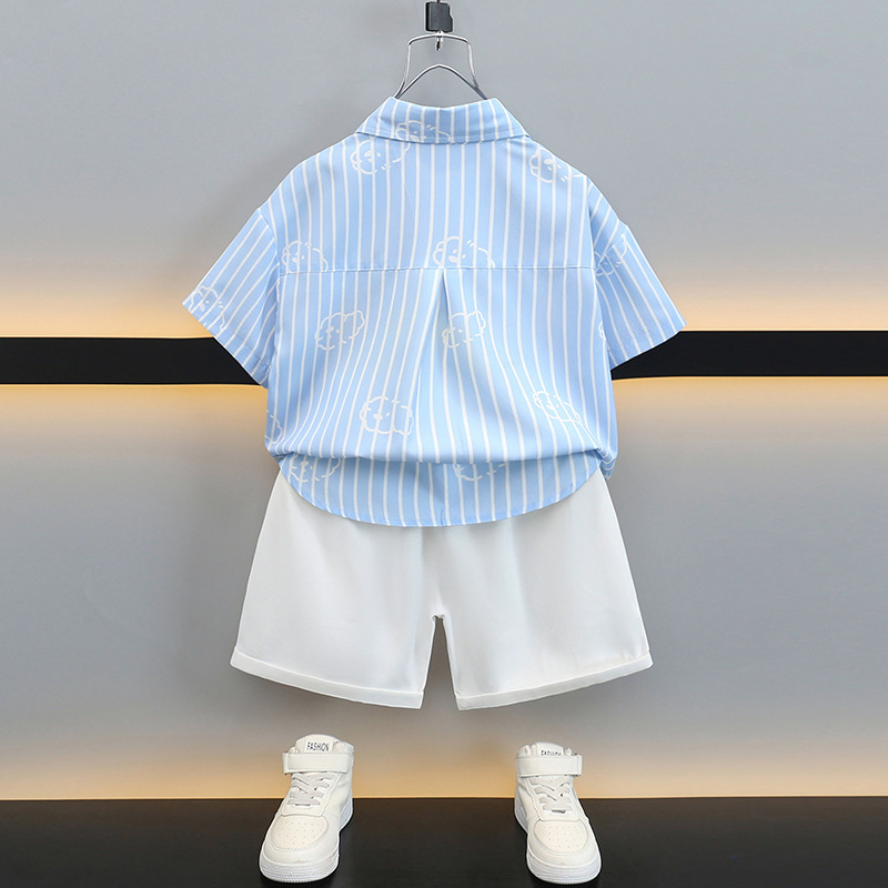 男の子サマースーツ 2025 新しい子供の夏半袖シャツハンサムベビー韓国スタイルルーズツーピーストレンディセット|undefined