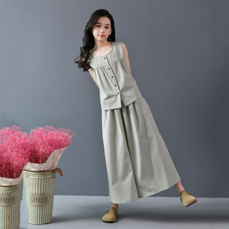 Traje de verano para niñas sin mangas pantalones anchos sueltos culottes de dos piezas verano fresco arte culottes casual a rayas